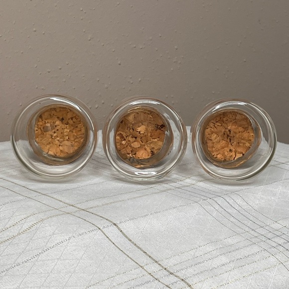 3 Glass Jars 3.75”Tall Cork Lids With Acrylic Resin On Top Vintage - Picture 4 of 6